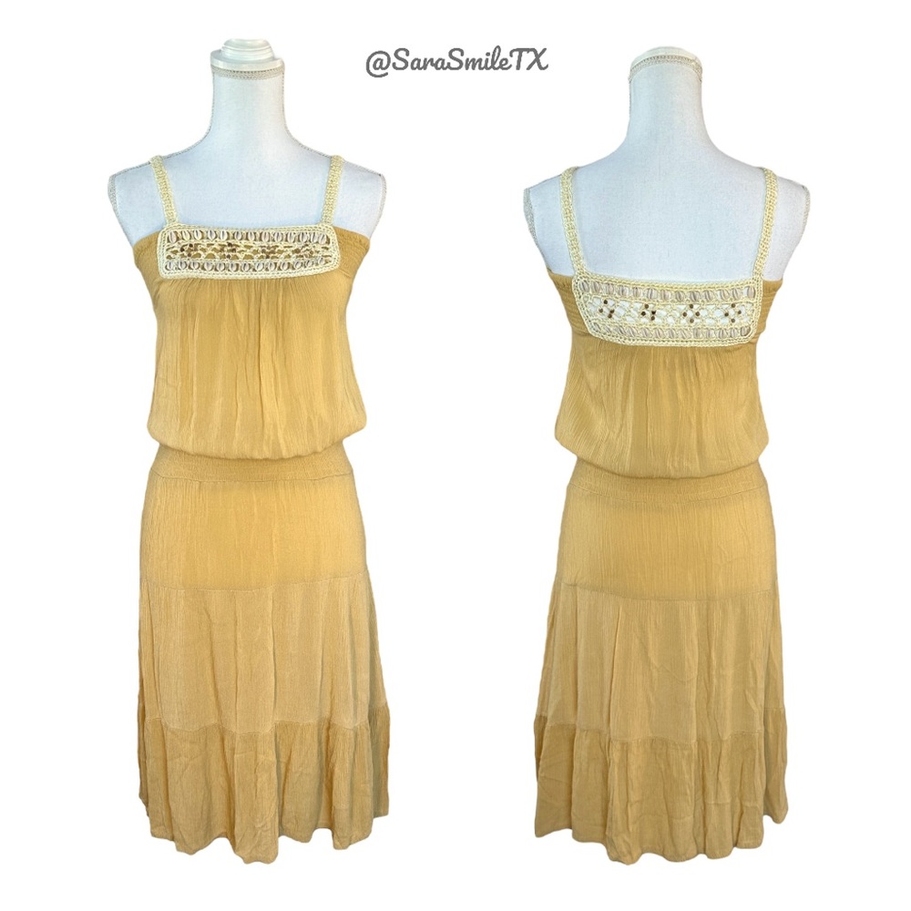 INDAH Boho Mustard Yellow Crinkle Gauzy Genuine Shell Crochet Midi Dress - RARE